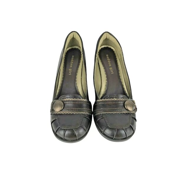 Madden Girl Womens Candise Black Leather Stacked Pump Heel Slip On Size‎ US 6.5 - Picture 2 of 9